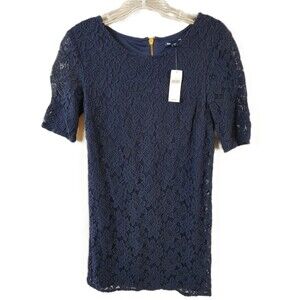 Gap Short Sleeve Shift Tunic Dress Navy Size 0 Blue Crewneck Floral Lace Overlay